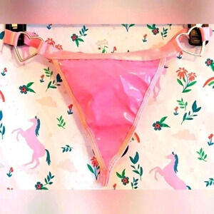 NWT Y2K Sugar Thrillz Pink Vegan Patent Thong Panty w/ Silver Tone Hearts SZ S